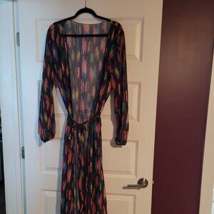Matte Collection, Large, Black multi-colored Floor Length Duster Coverup